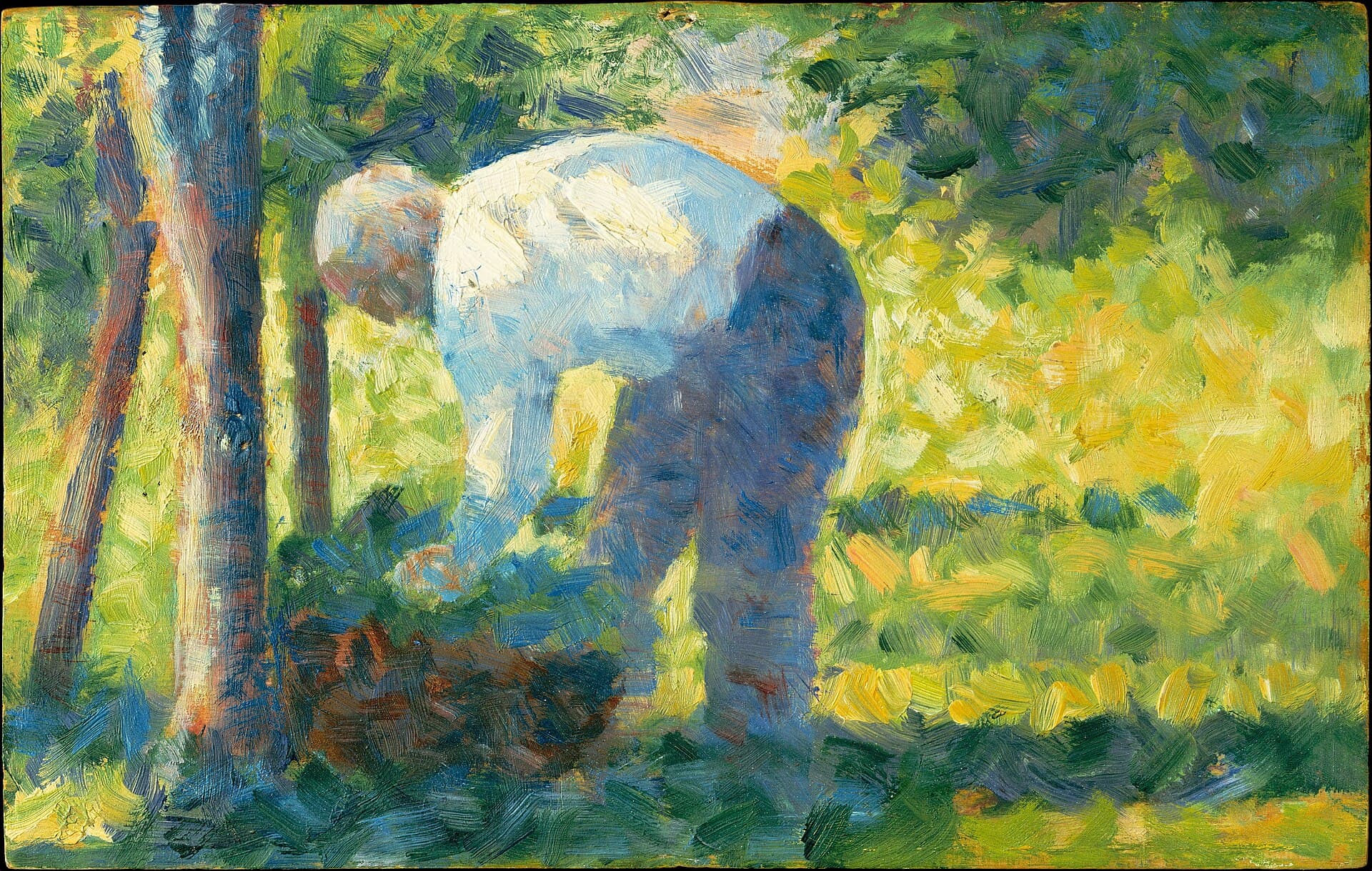 Schilderij van een gebogen tuinman tussen bomen in het zonlicht
